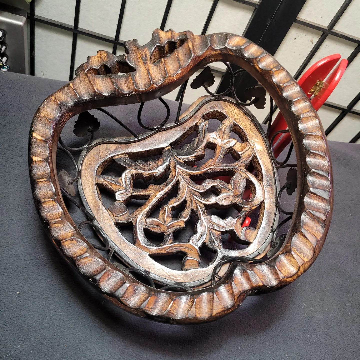 Hand-Carved Wooden Fruit Bowl with Metal Accents thumbnail
