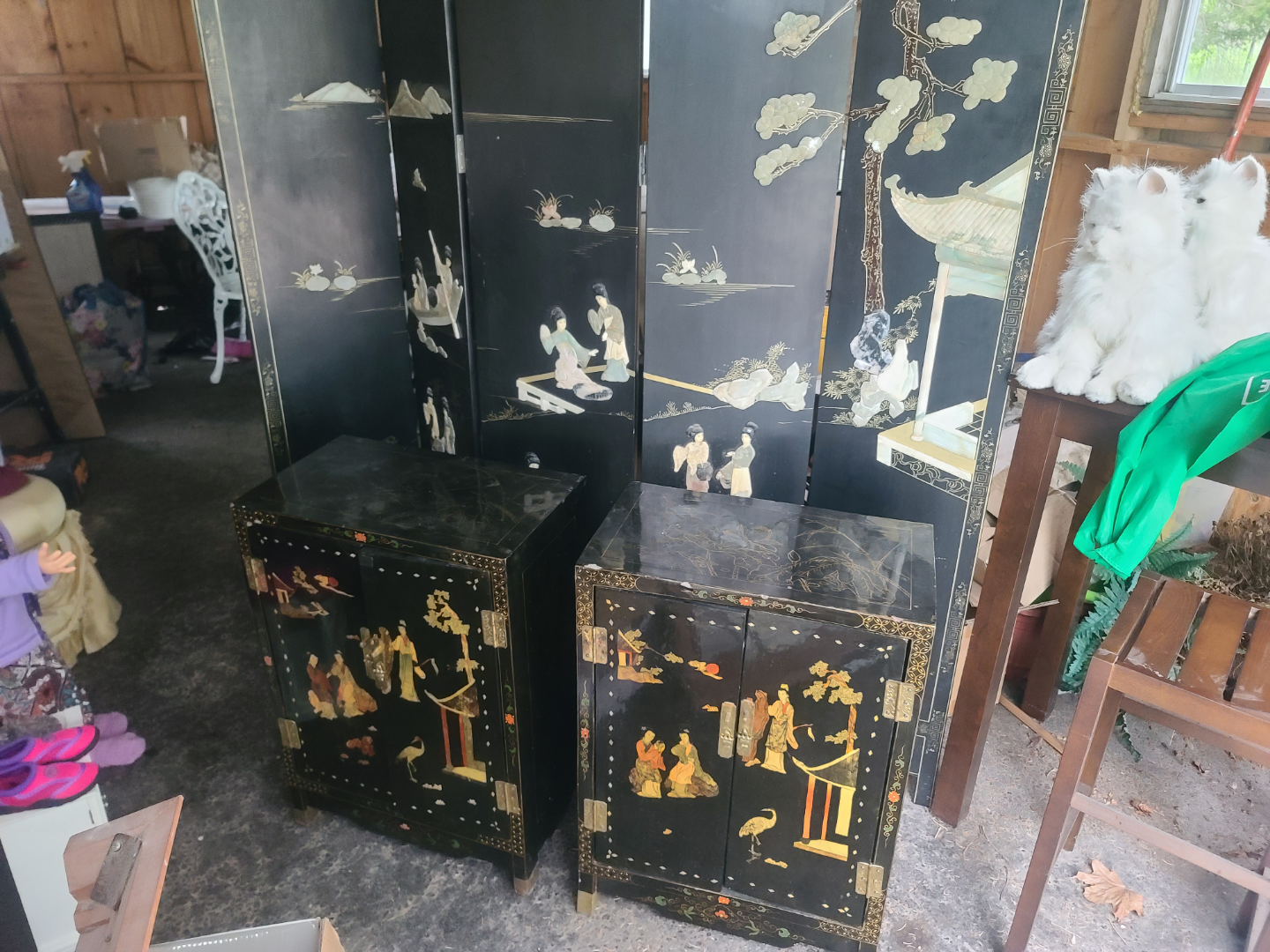 Vintage Asian-style black lacquer cabinets and room divider