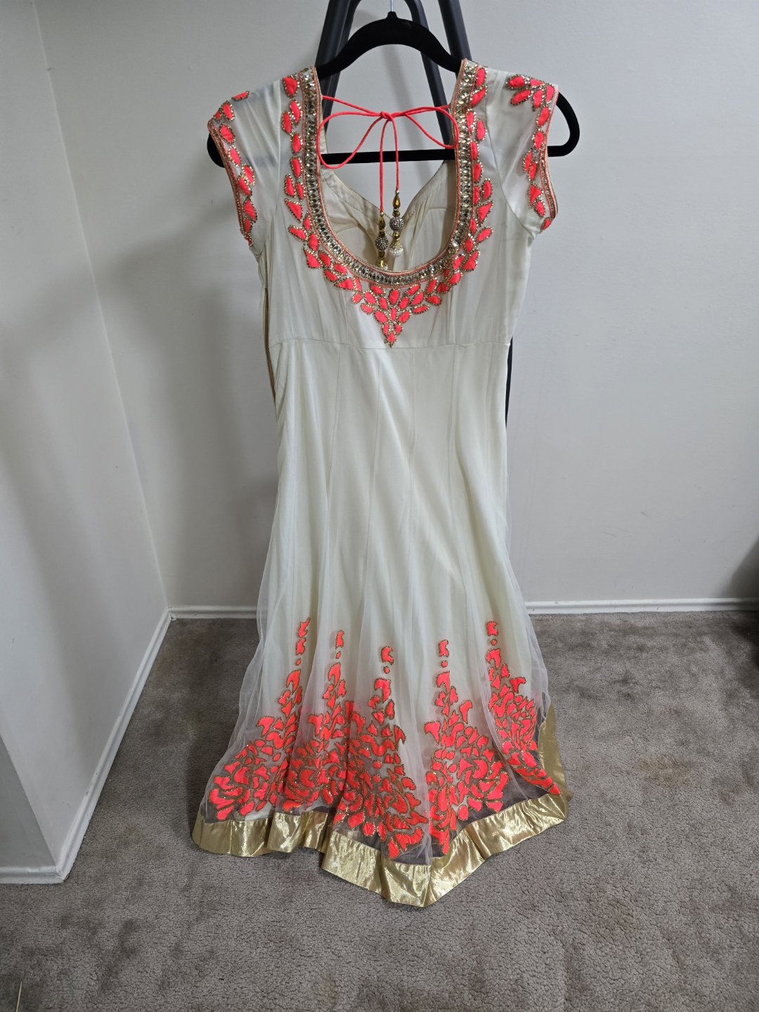 Beautiful Off-White Anarkali Suit with Neon Pink Embroidery