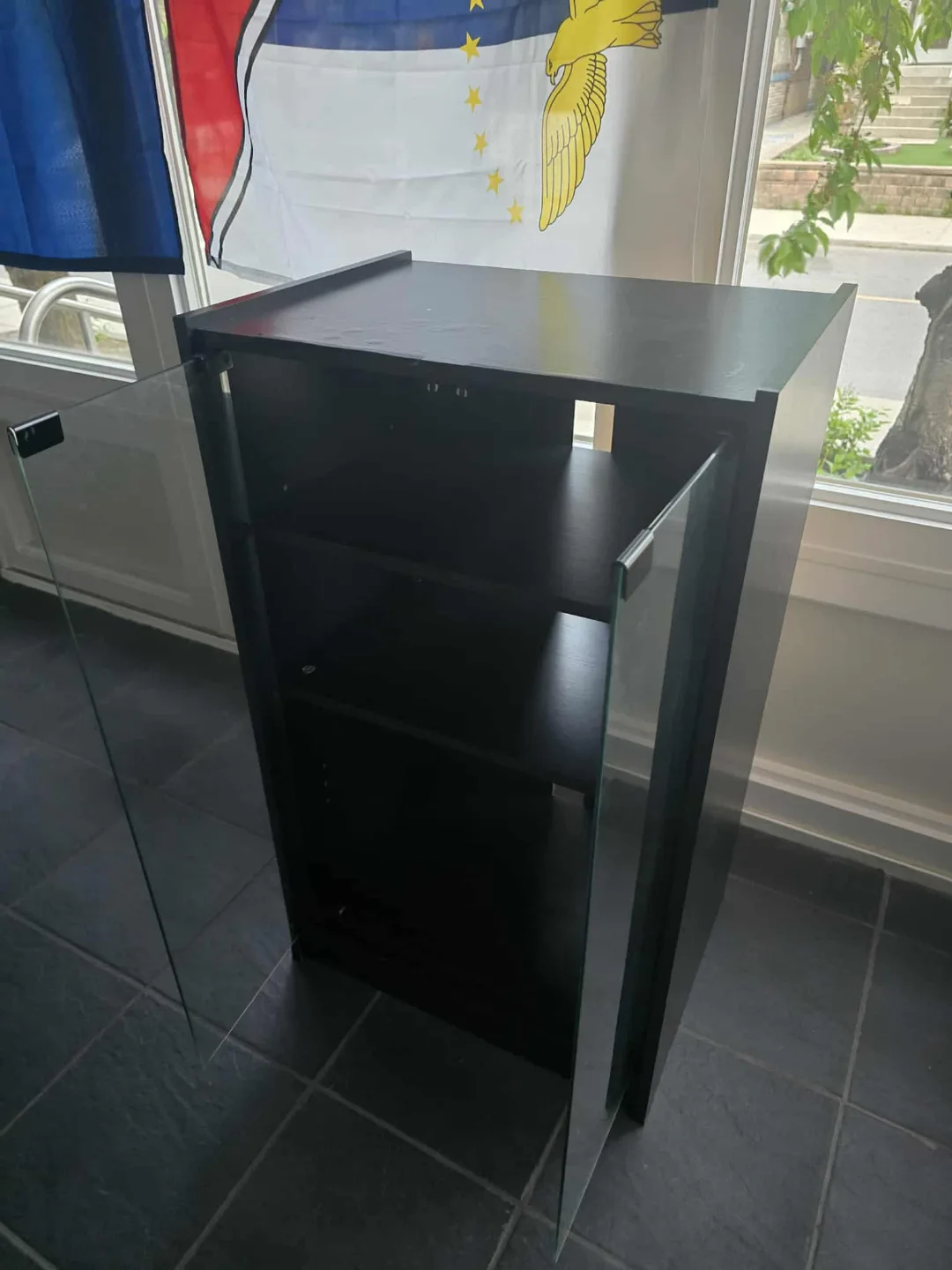 Black Wooden Storage Cabinet with Glass Doors thumbnail