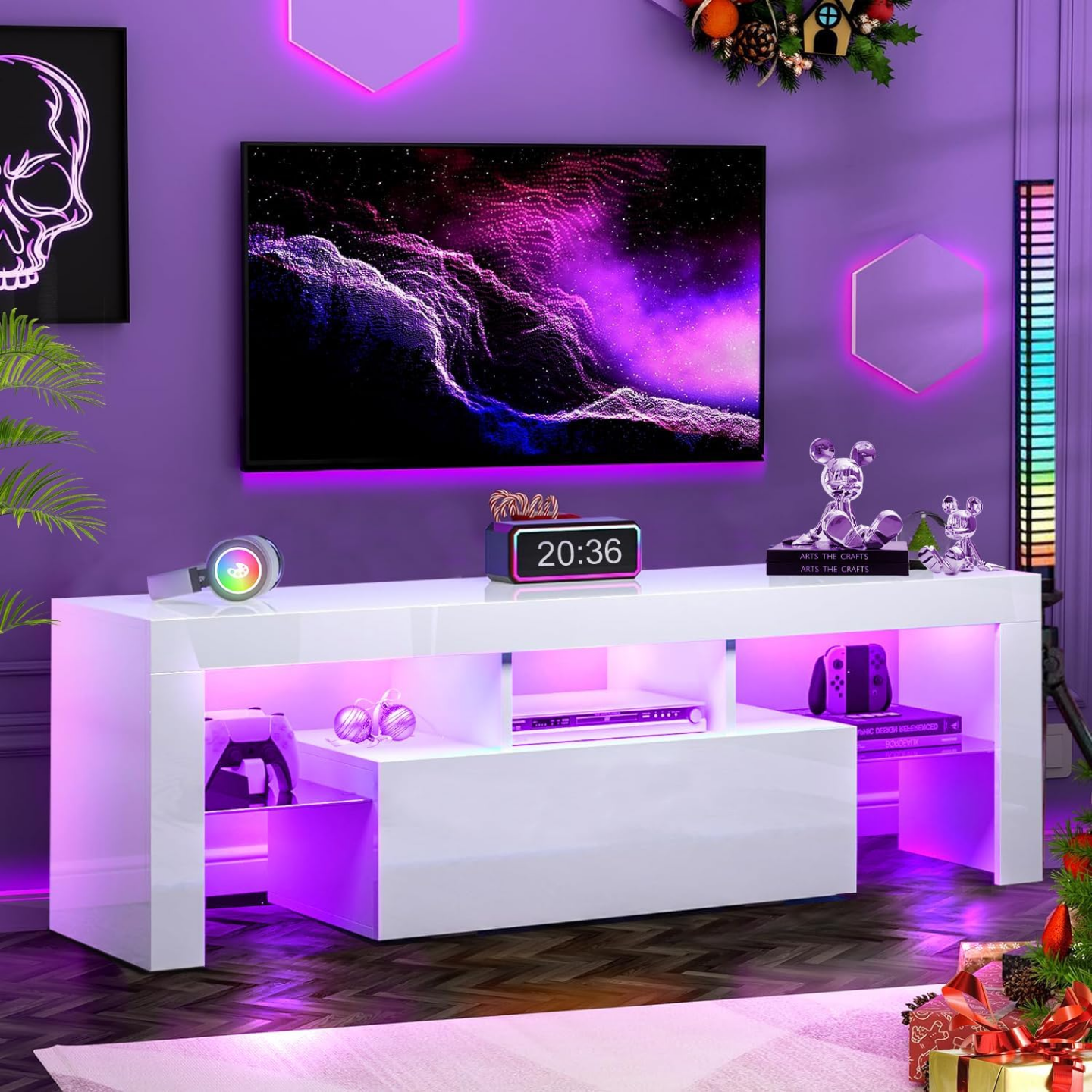 Modern White LED TV Stand with Storage