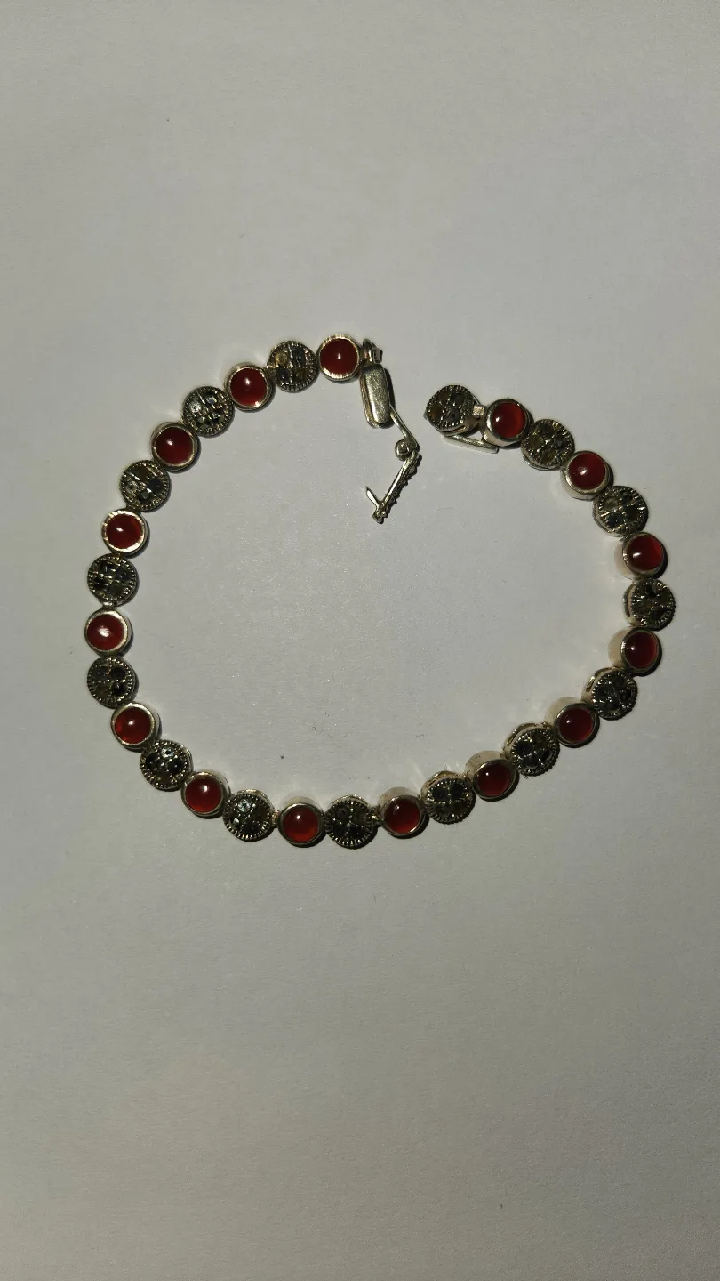 925 Sterling Silver  Red Carnelian & Marcasite  Bracelet thumbnail