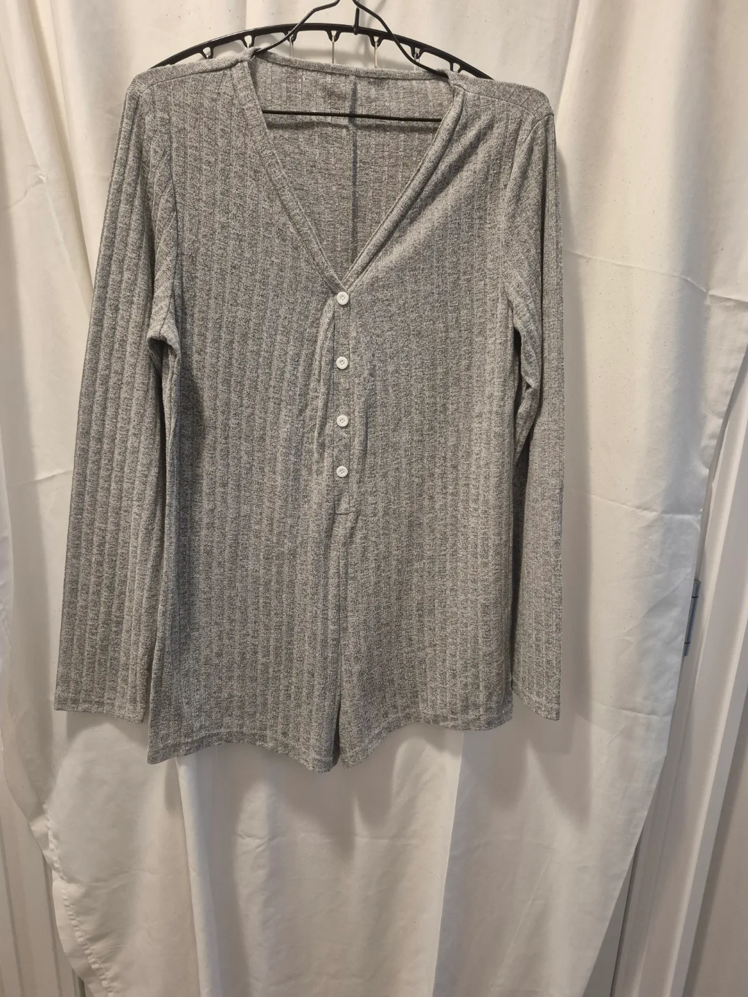 Grey Ribbed Knit Button-Up Romper thumbnail