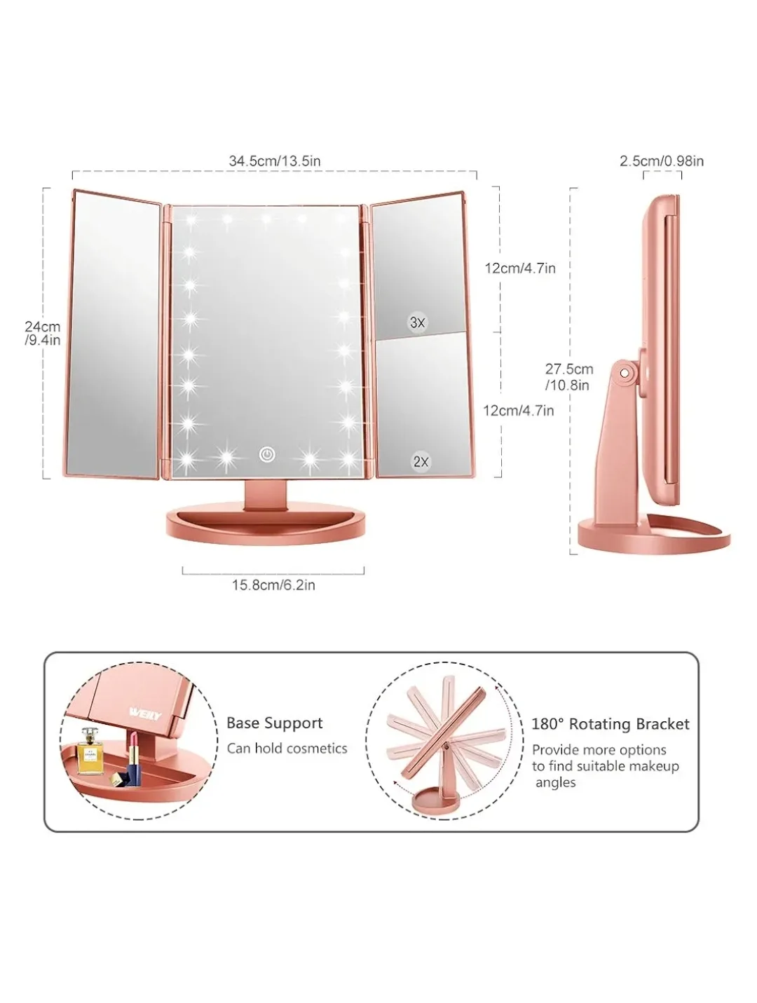 Rose Gold Tri-fold LED Vanity Mirror with Stand image indicator(2)