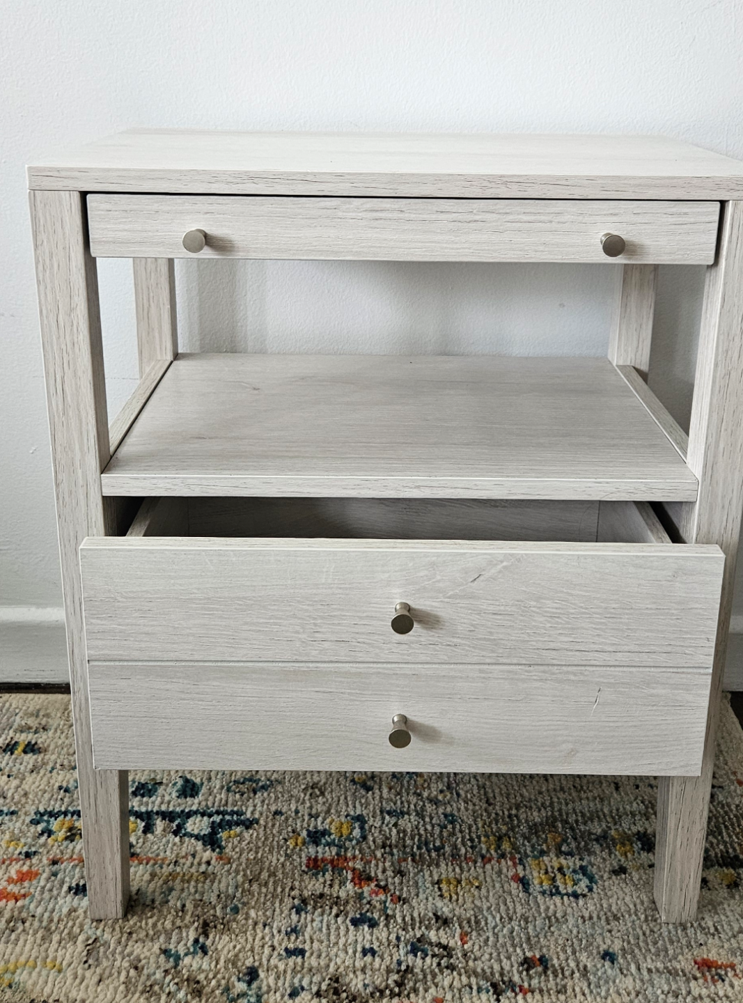 White Wooden Nightstand with Drawers and Shelves - photo 2