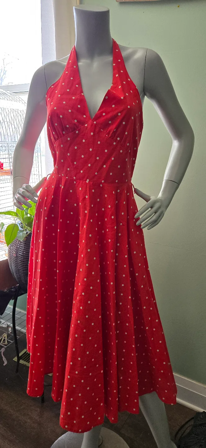Red polka dot halter dress thumbnail
