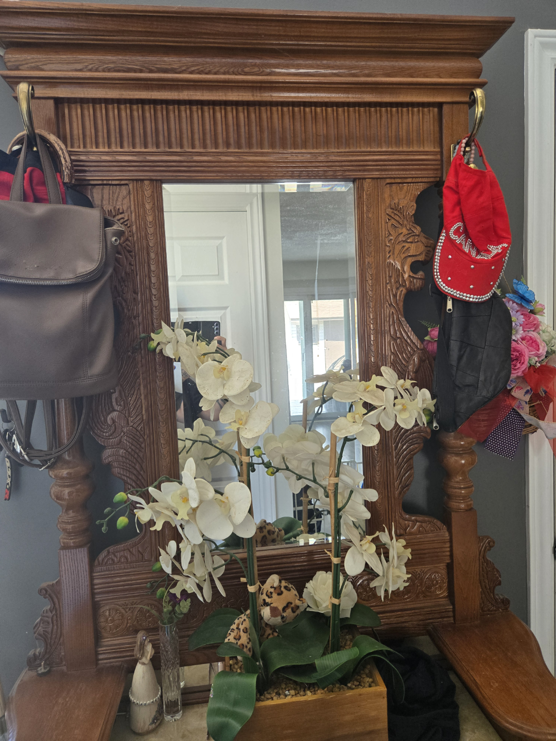 Old Wooden Hall Tree with Mirror - photo 3