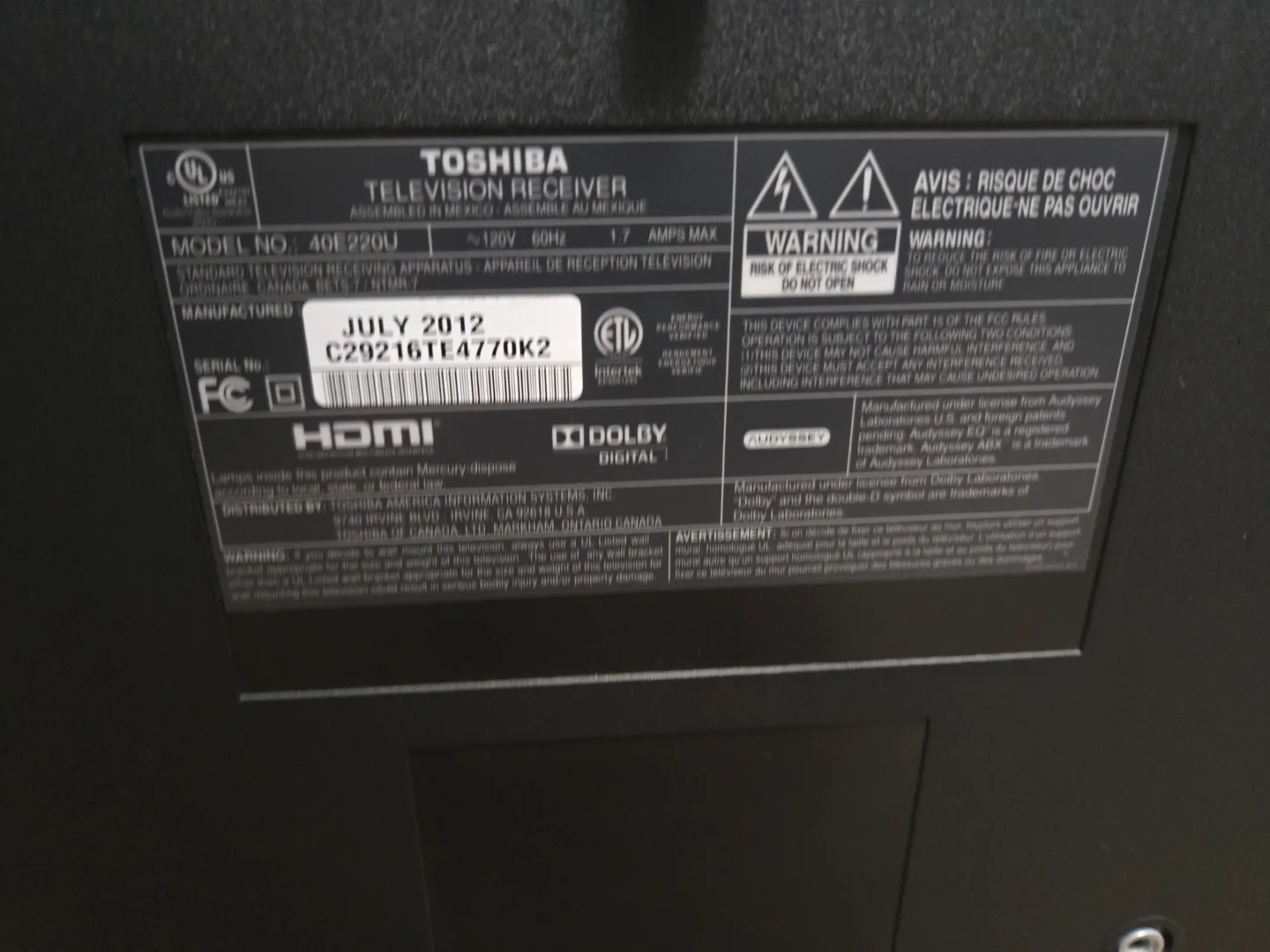 Toshiba Television 40 inch image indicator(2)