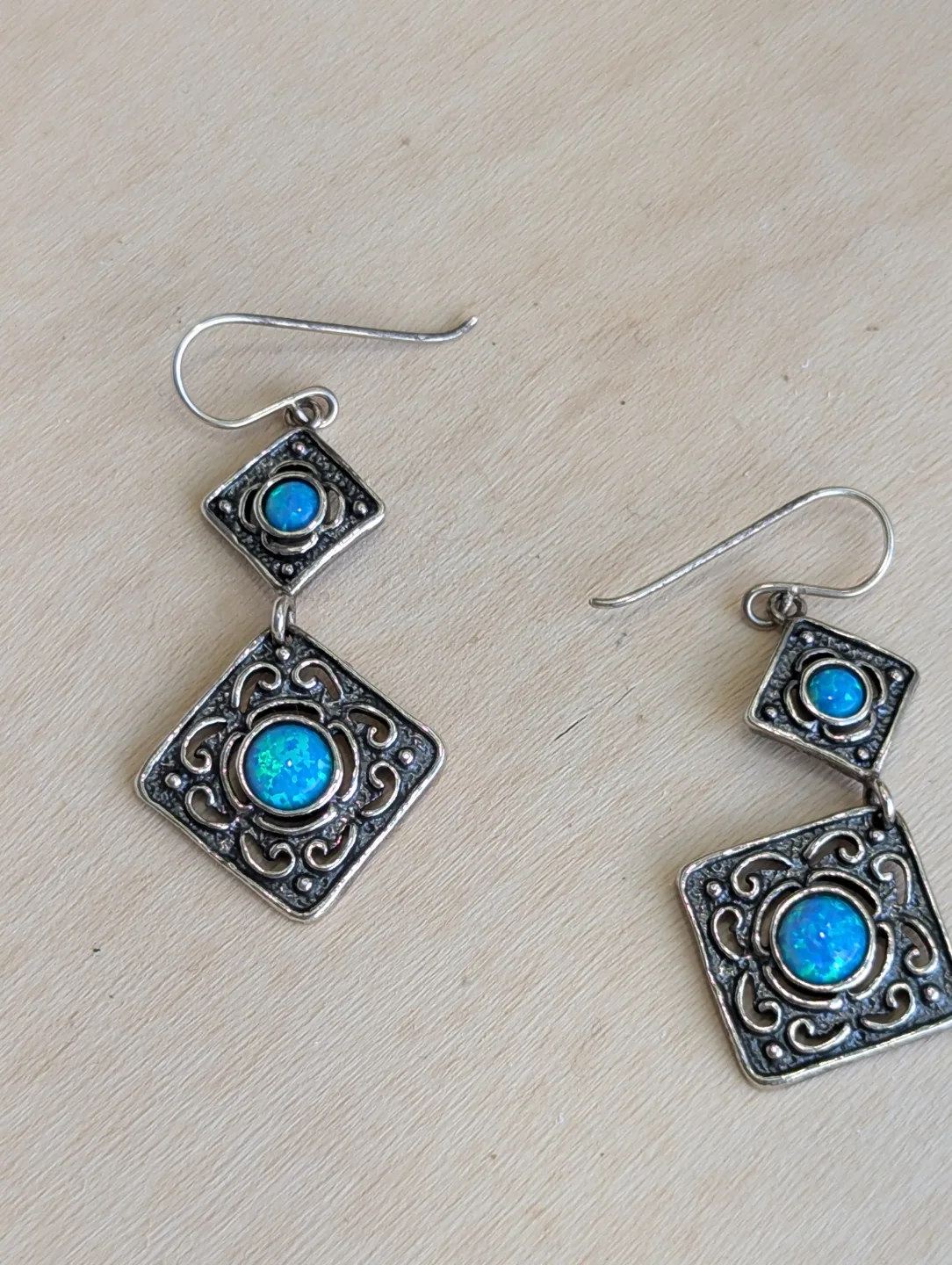 Stunning blue opals set in 925 silver dangle Earrings thumbnail