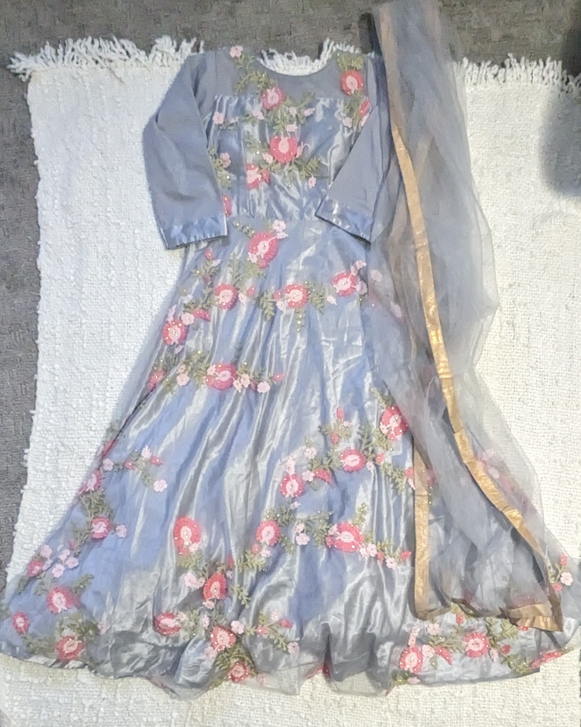 Grey embroidered Anarkali dress with dupatta