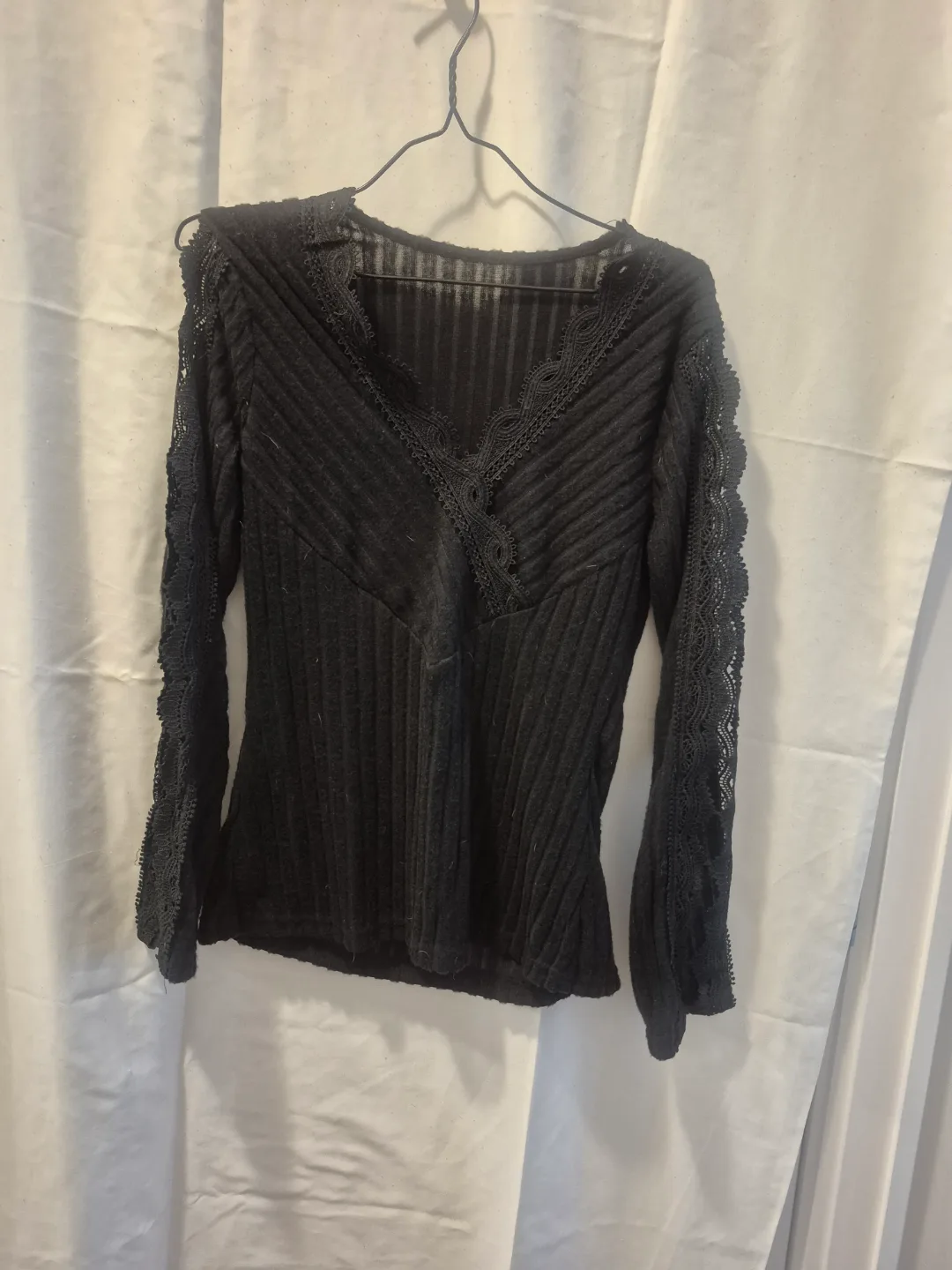 Black Ribbed Knit Long Sleeve Top with Lace Detail thumbnail
