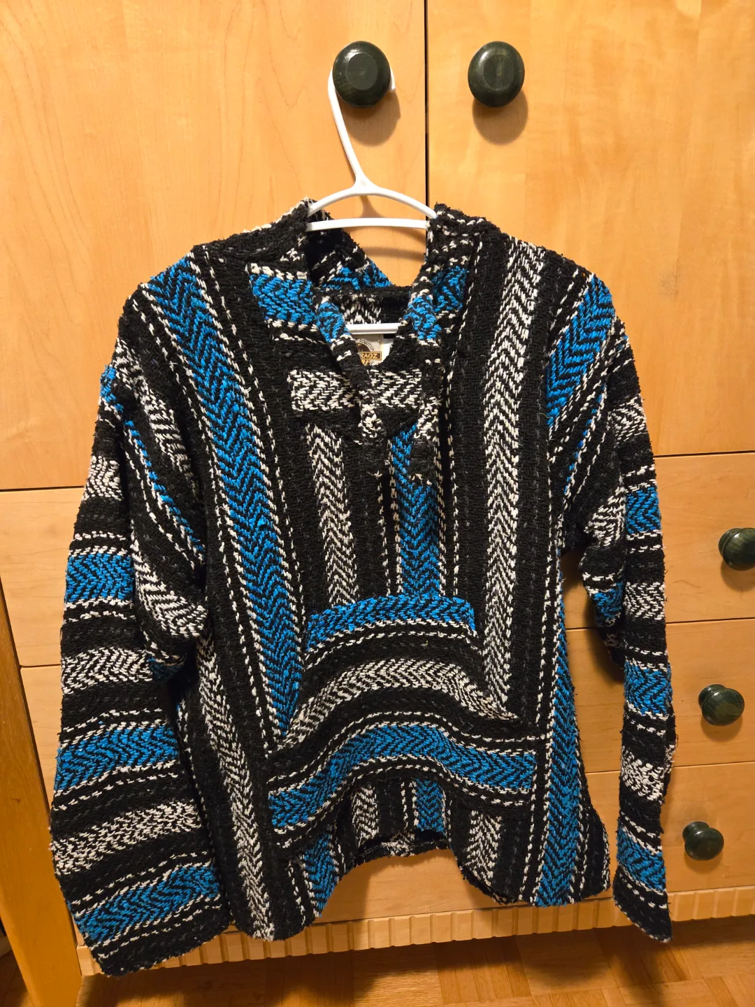 Men's Black and Teal Striped Hooded Hemp Jacket thumbnail