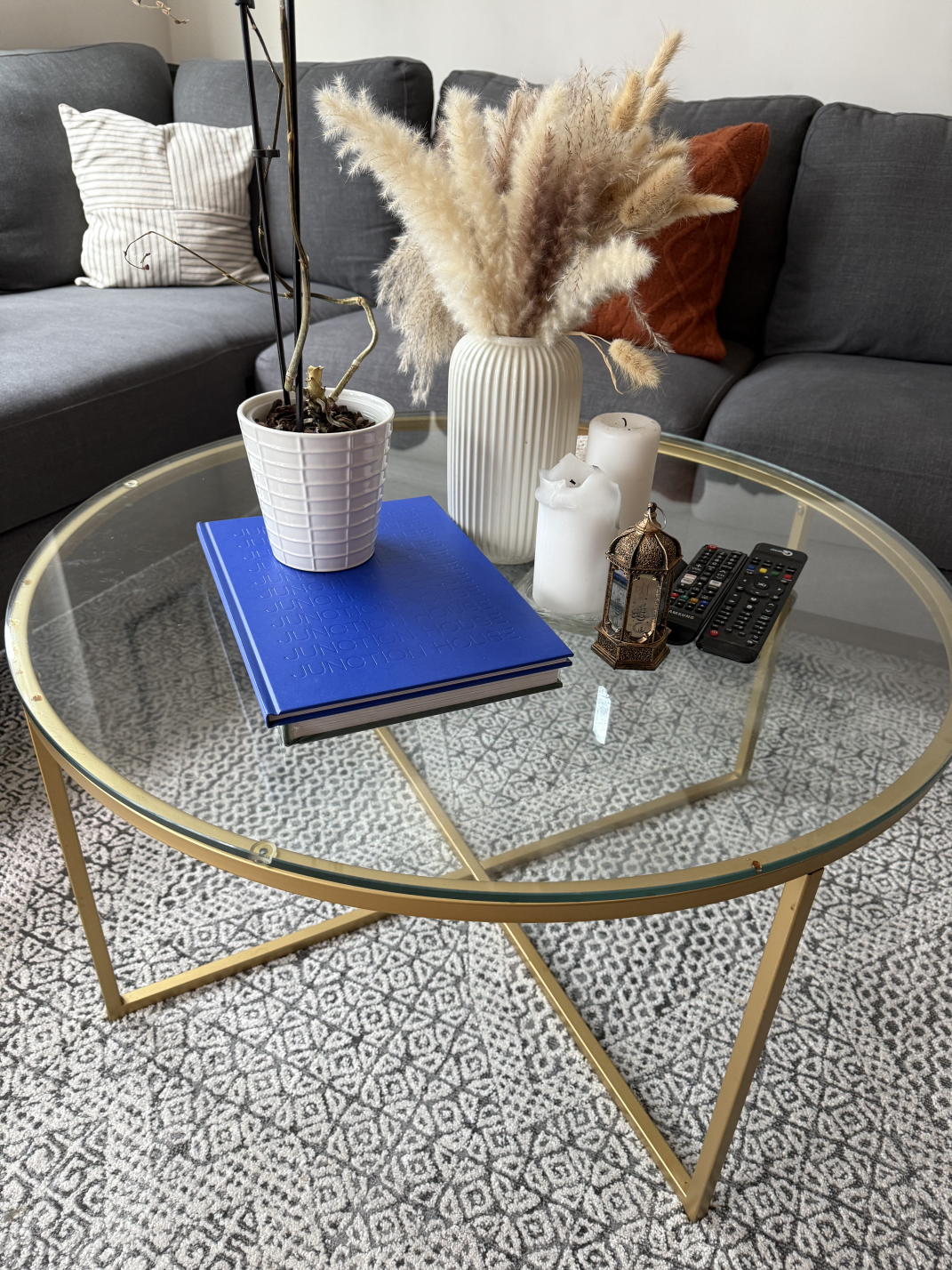 Gold Metal and Glass Round Coffee Table