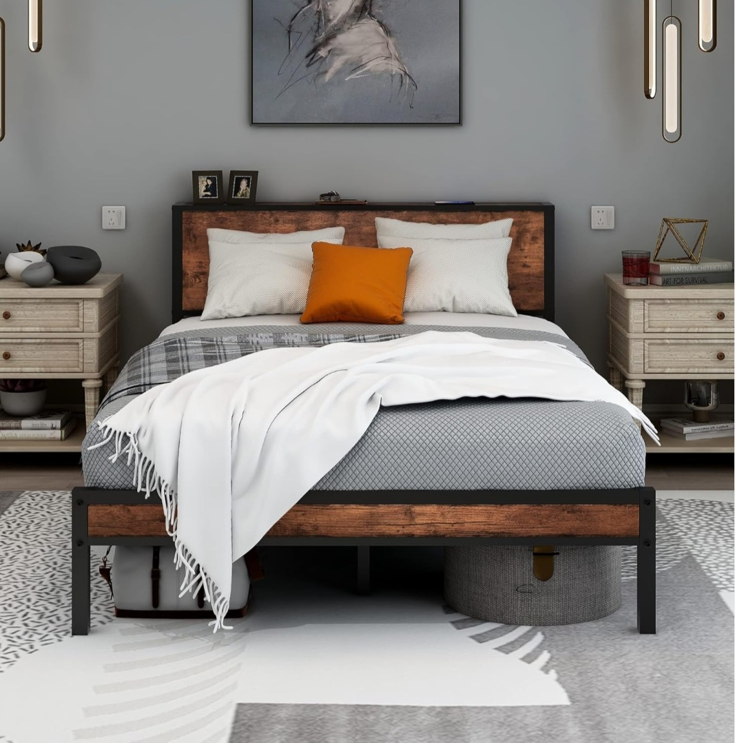 Full Size Metal Platform Bed Frame with Wooden Headboard