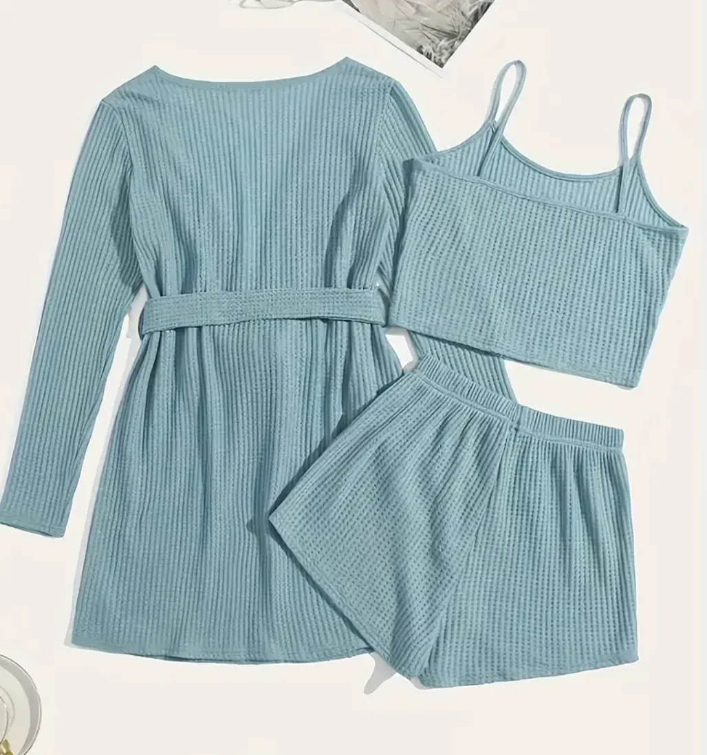 Women's 3-Piece Waffle Knit Pajama Set - Light Blue image indicator(2)