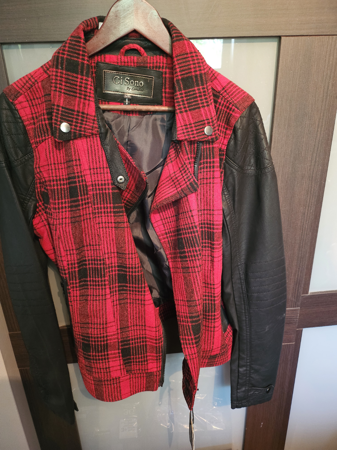Ci Sono by Cavalini Red and Black Plaid Moto Jacket Size L/G