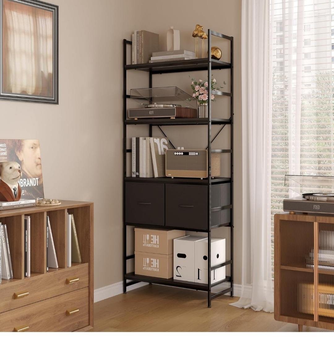 Black Metal 5-Shelf Storage Organizer with Two Drawers