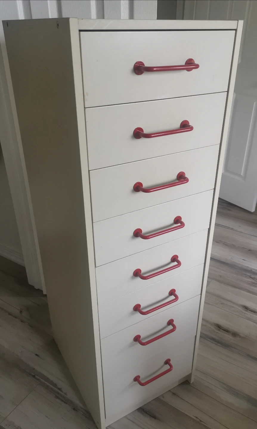 Tall White Chest of Drawers with Red Handles