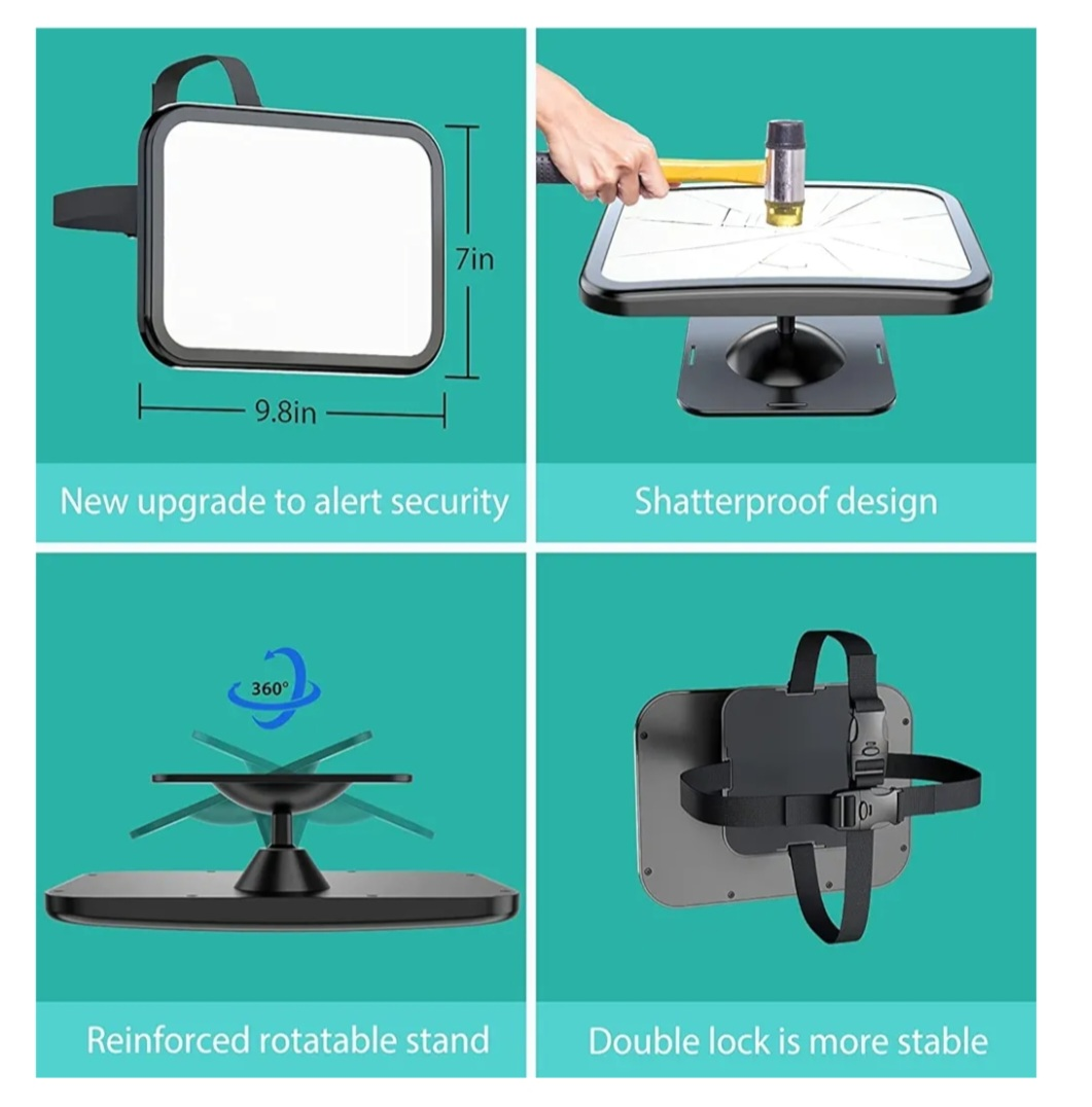 Shatterproof Baby Car Mirror - 360° Rotatable, Extra Large - photo 3