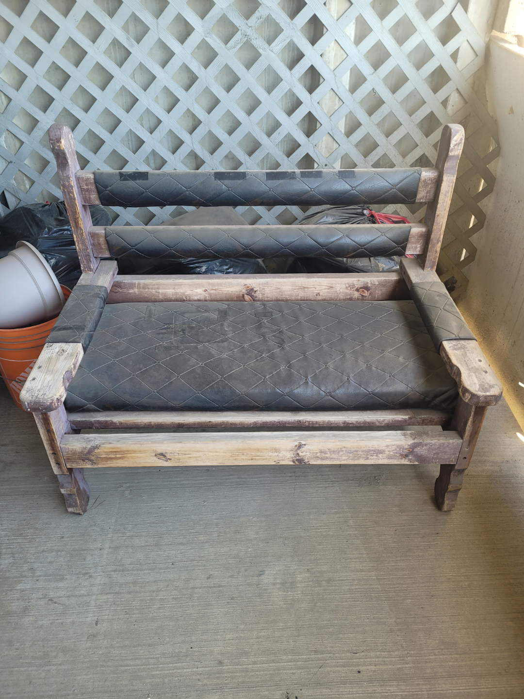 Rustic Wooden Bench with Leatherette Cushions