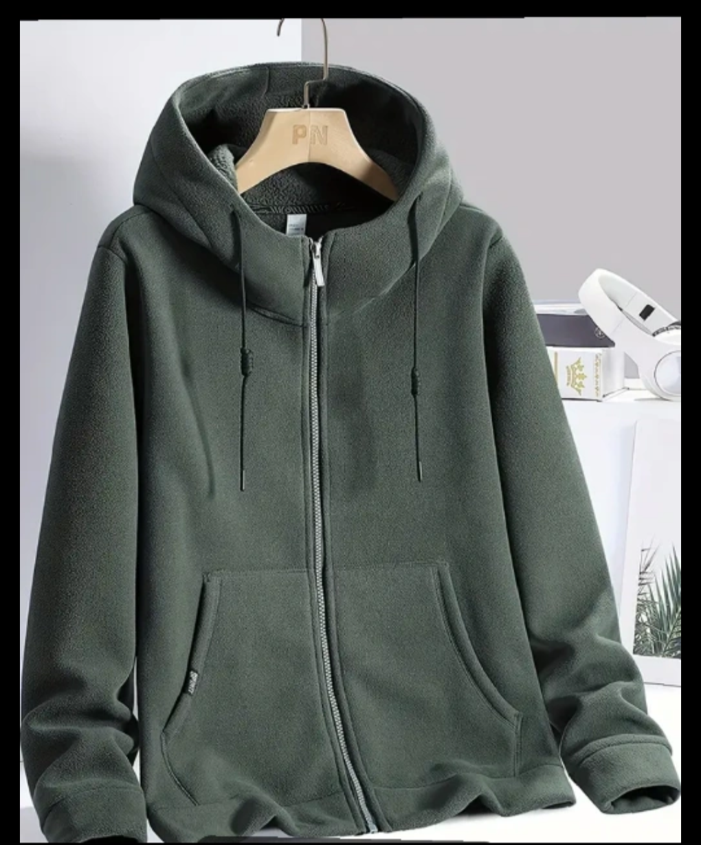Men's Olive Green Fleece Zip-Up Hoodie