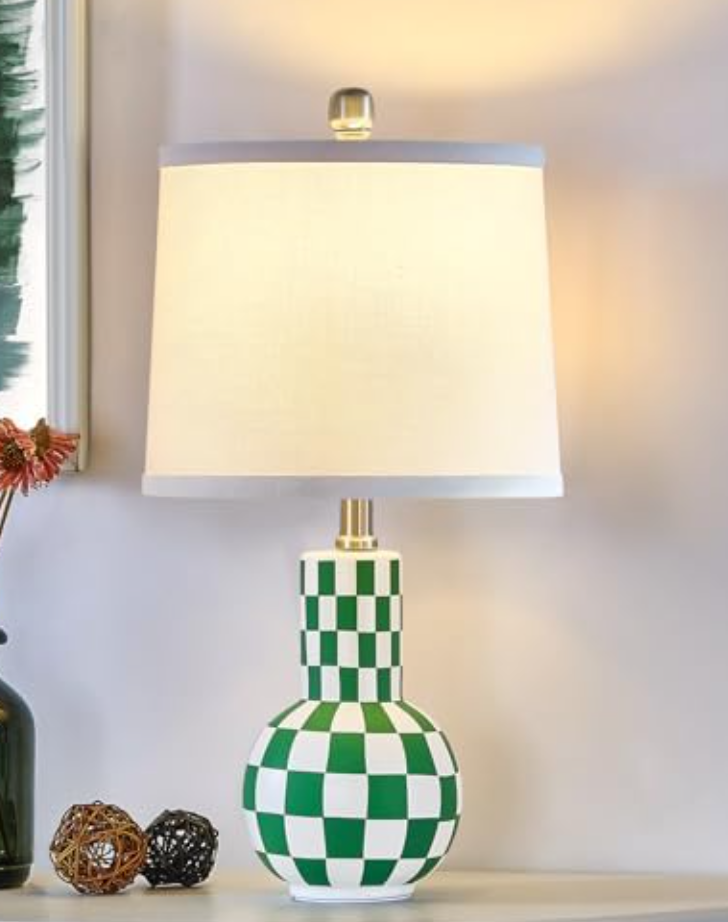 EJIAXIN Ceramic Table Lamp - Green Checkered Design
