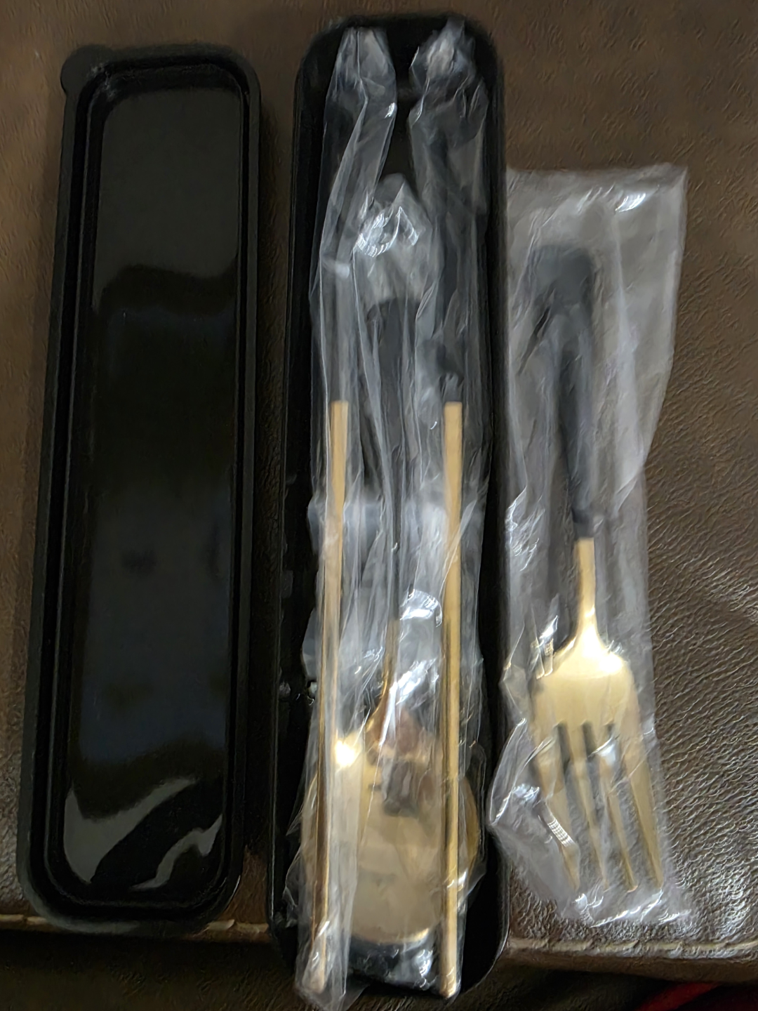 Gold-tone Flatware Set with Chopsticks in Black Case
