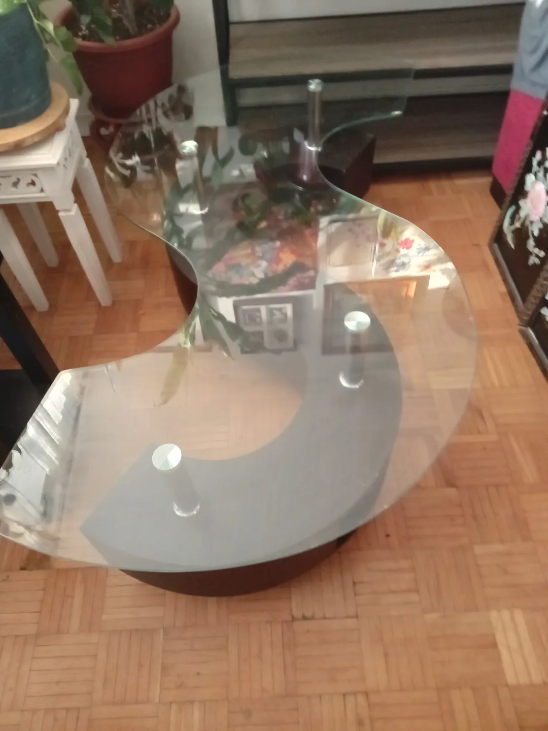 Unique Glass and Dark Wood Coffee Table thumbnail