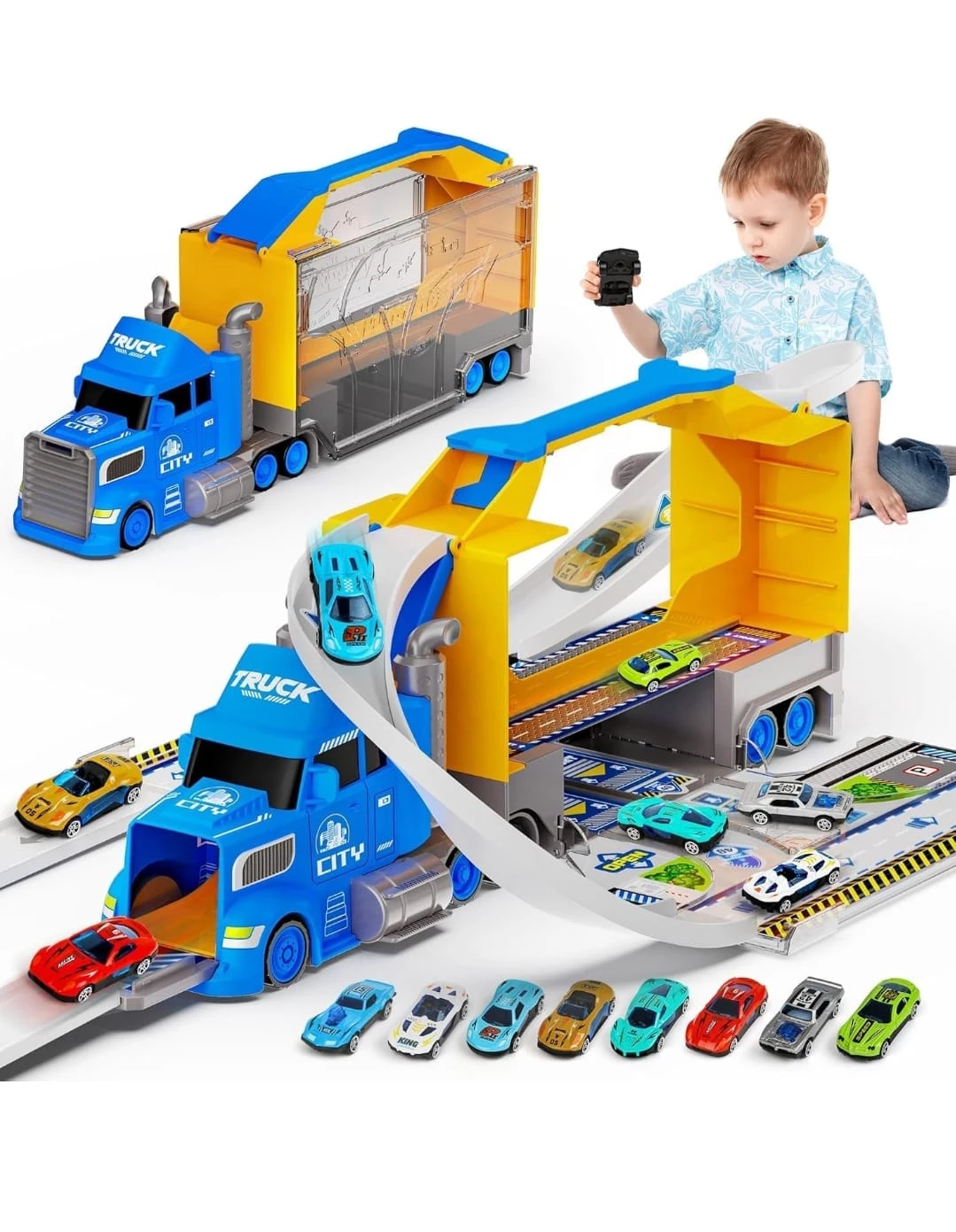 Toy Truck Carrier with Race Track and Multiple Cars