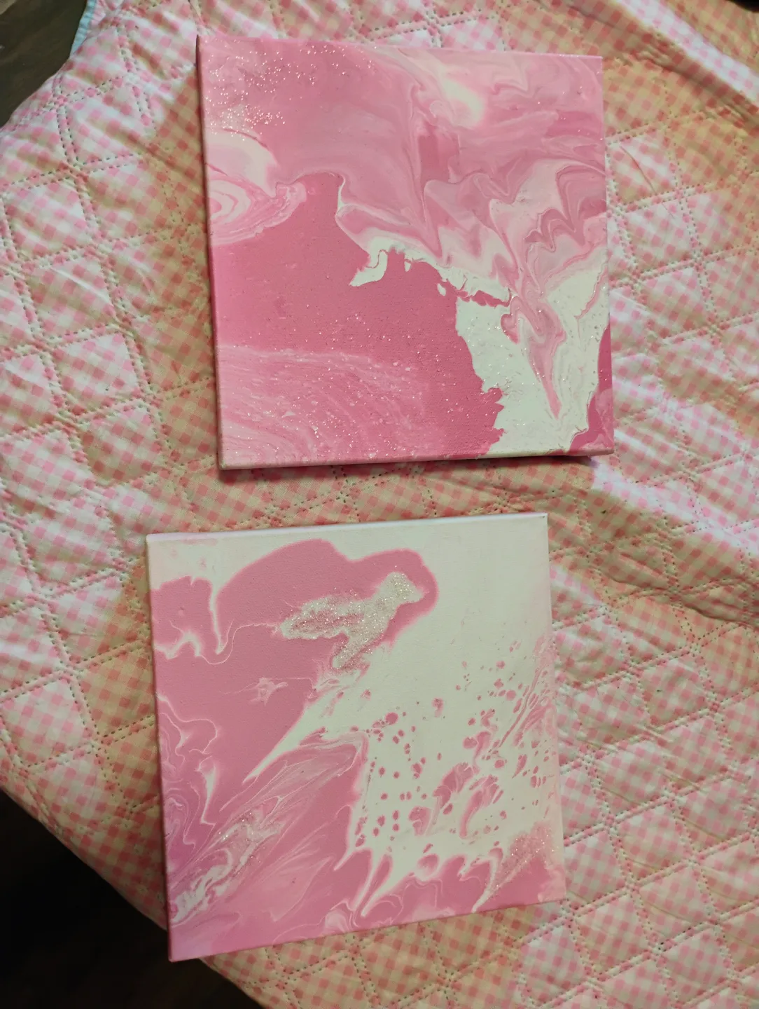 Pair of Pink and White Fluid Acrylic Pour Paintings thumbnail