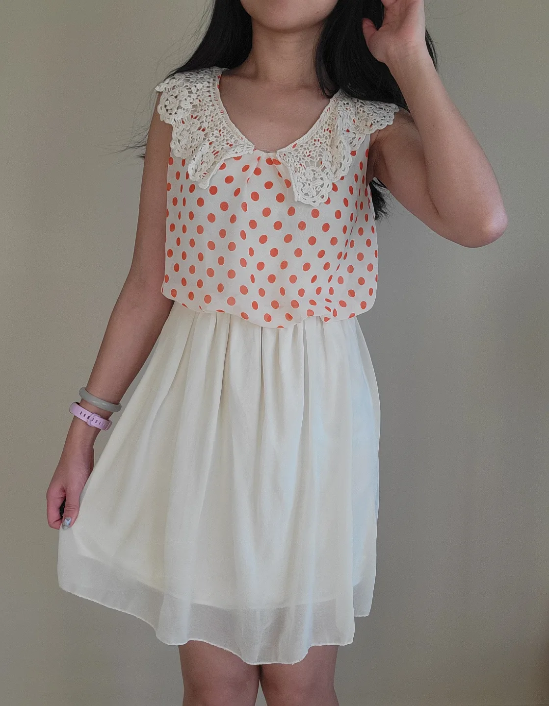 Orange Polka Dot Dress with Crochet Collar thumbnail