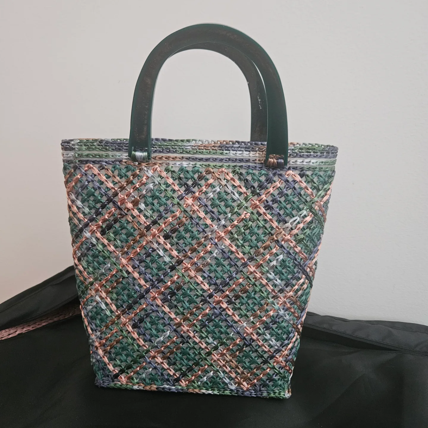 ONE OF A KIND hand knitted  Tote Bag - Green, Pink, and Brown thumbnail