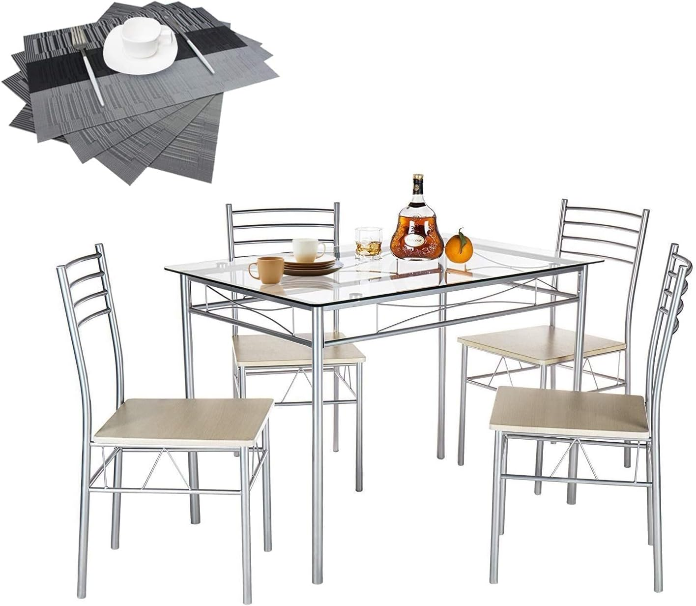 5-Piece Glass Top Dining Table Set with Metal Chairs - FREE