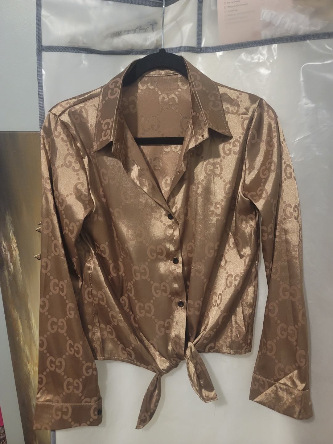 Brown GG Pattern Satin Blouse - Size M
