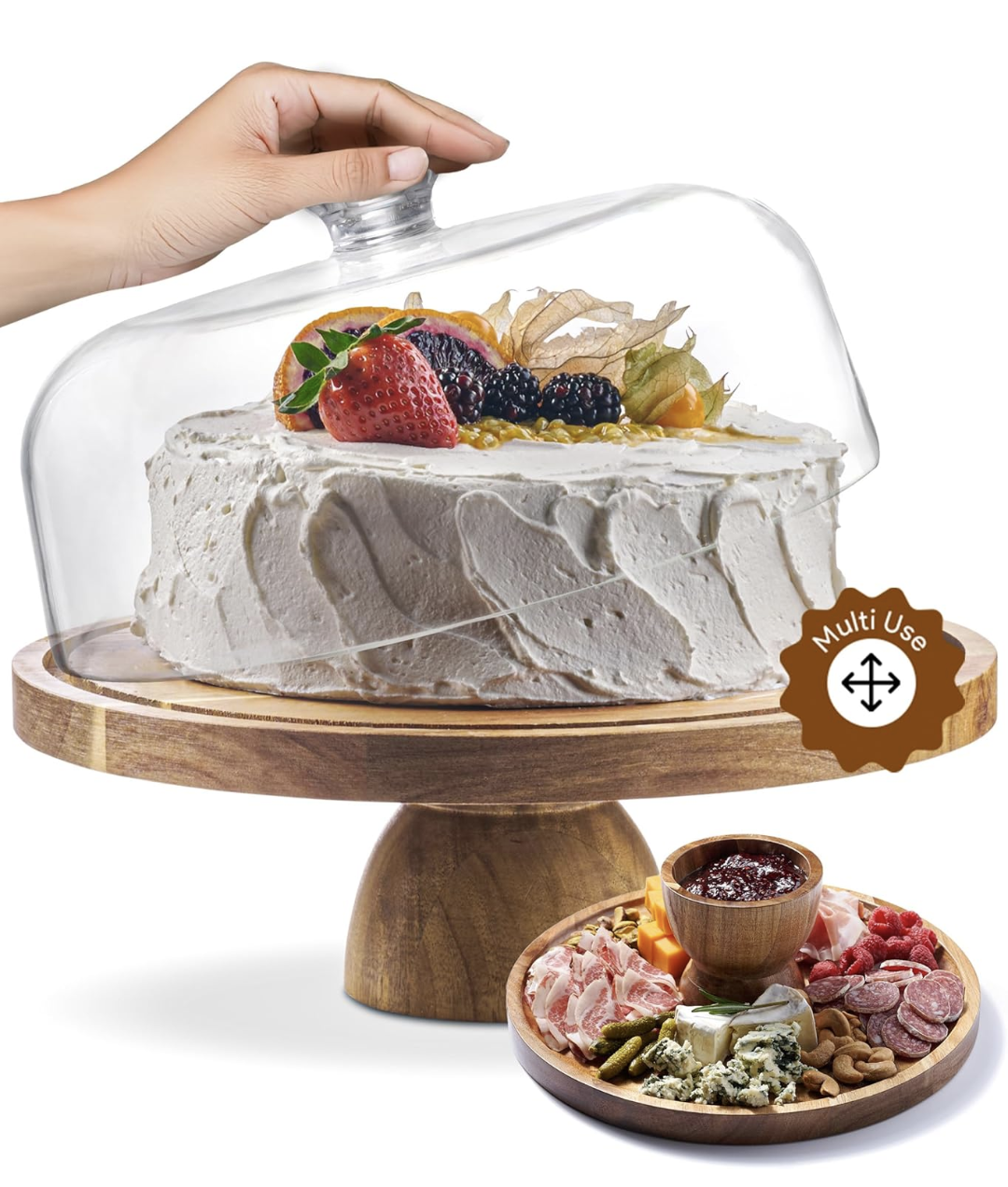 Acacia Cake Stand/Charcuterie Board with Acrylic Lid
