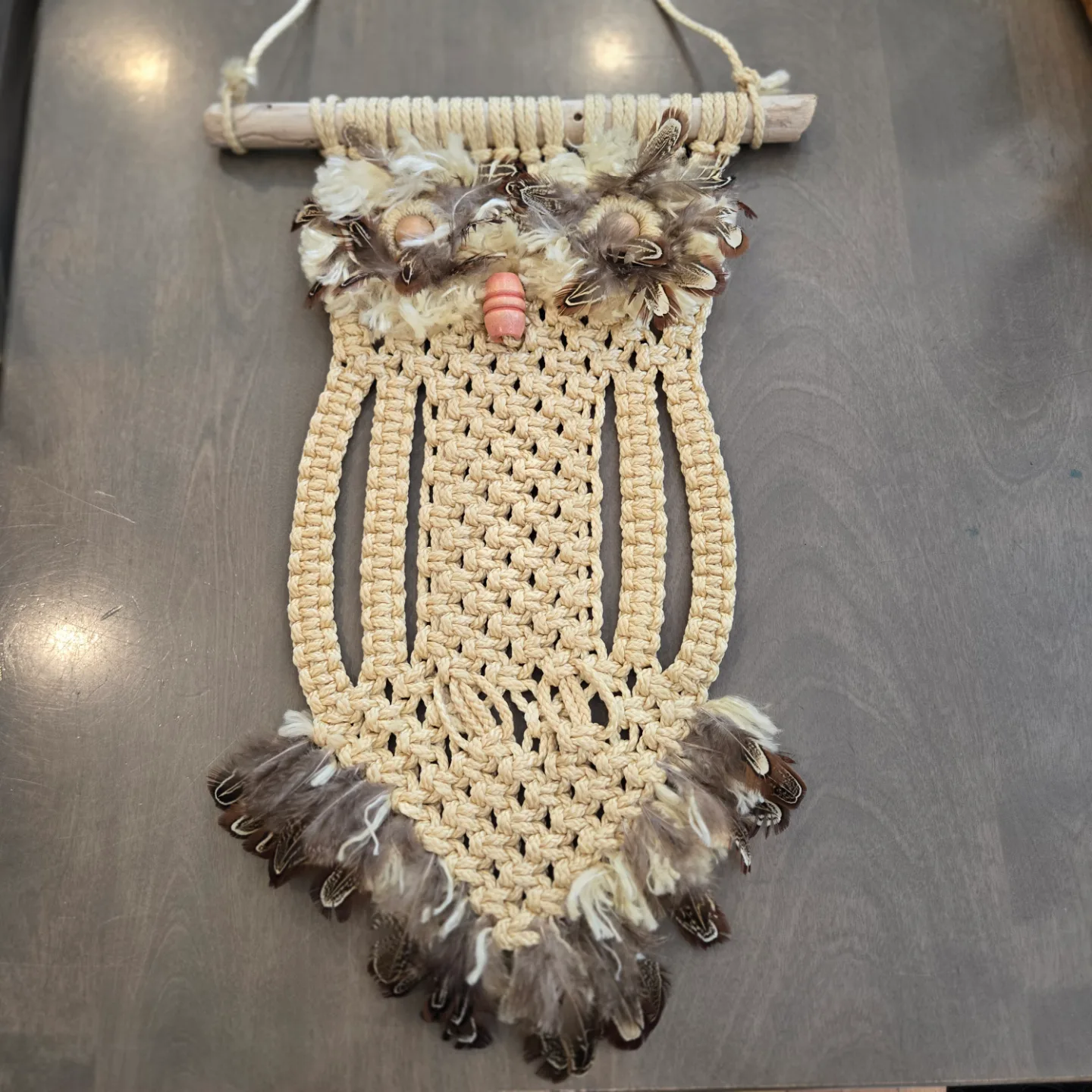 Vintage Macrame and Feather Owl Wall Hanging thumbnail