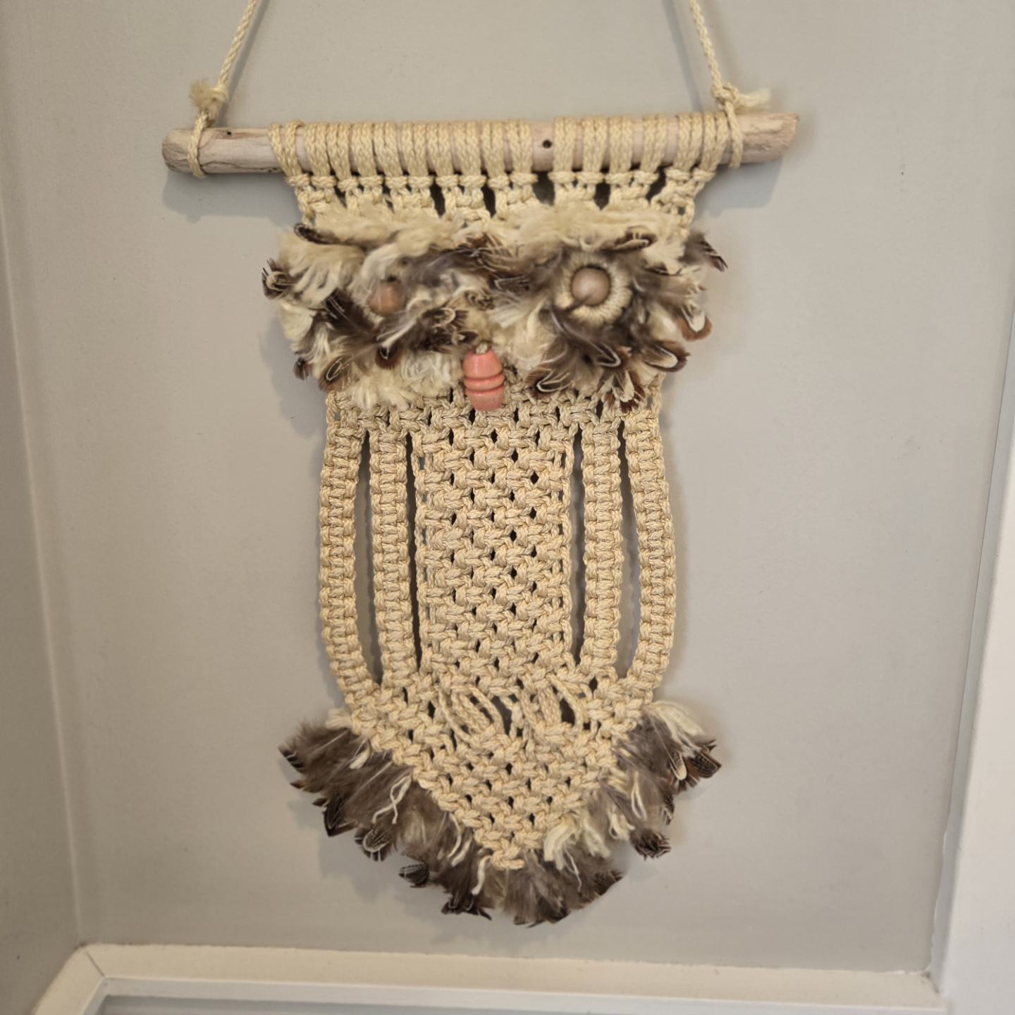 Vintage Macrame and Feather Owl Wall Hanging - photo 3