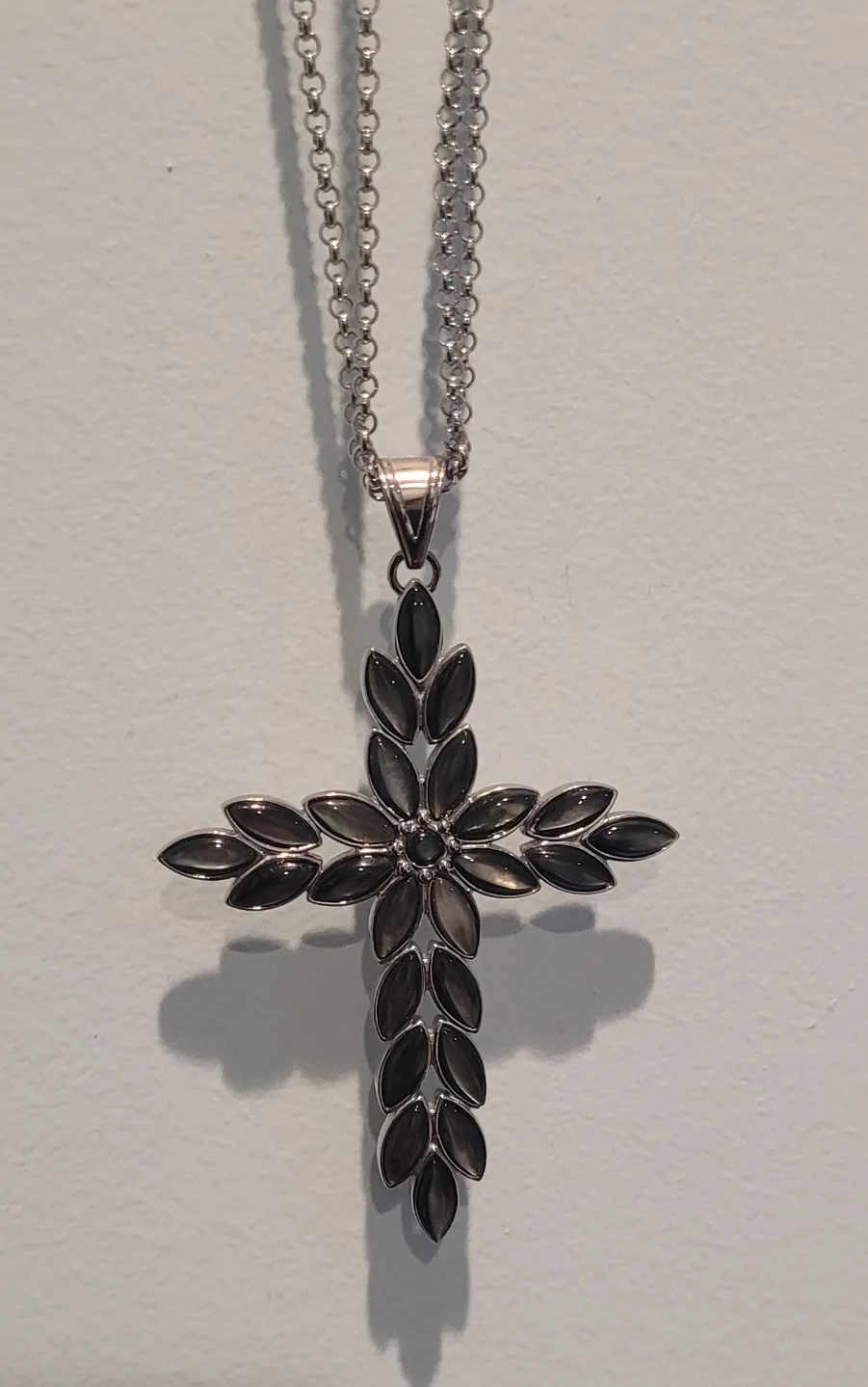 Elegant Cross Necklace, Silver Chain, Dark Grey/Black Accents thumbnail
