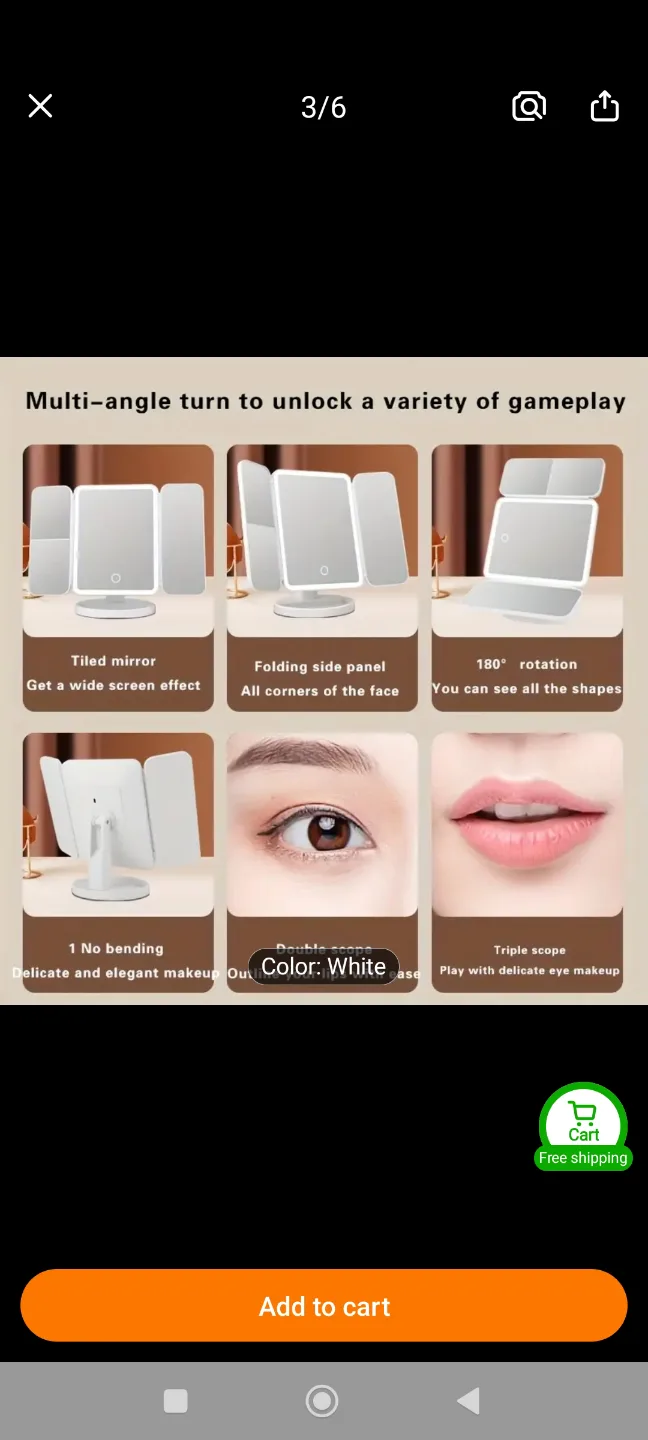 New USB chargeable Three-Fold Makeup Mirror with Lighting image indicator(9)