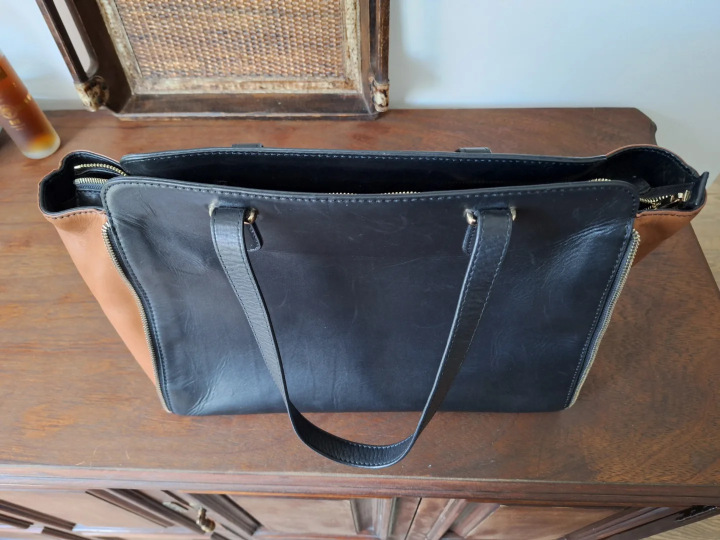 Danier Leather Tote Bag - Black and Tan thumbnail