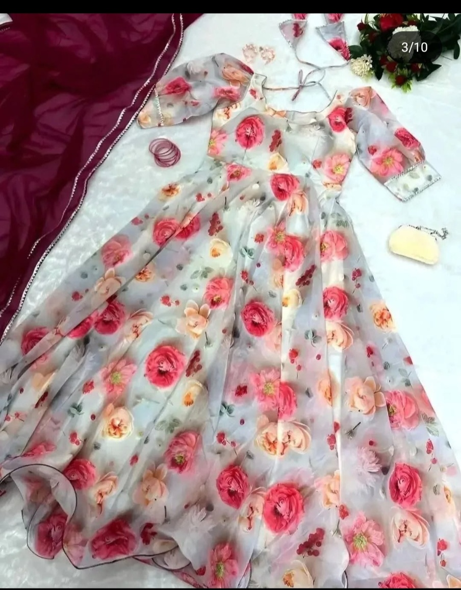 Floral Print Gown with Maroon Dupatta