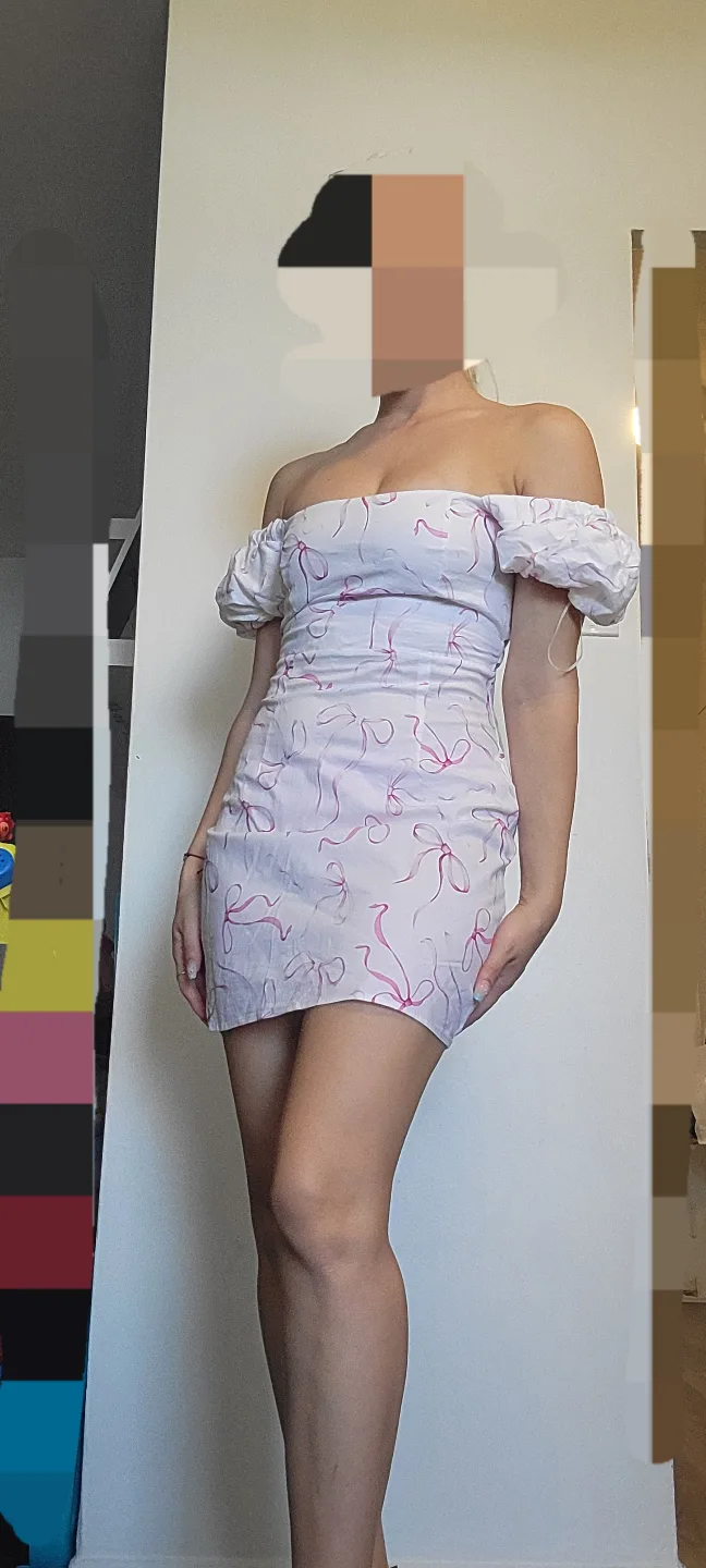 Stradivarius White Mini Dress with Pink Ribbon Print image indicator(2)