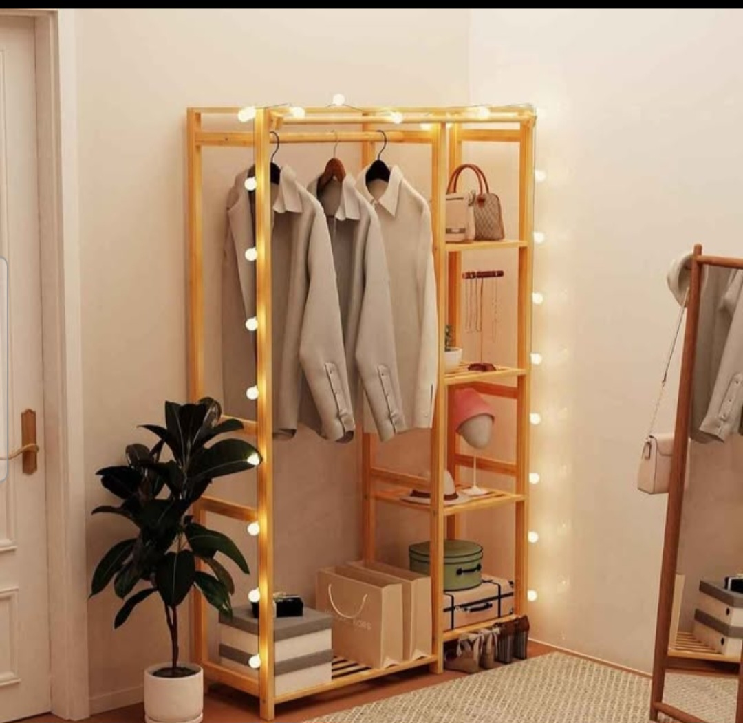 Bamboo Wooden Clothing Rack with Shelves and Curtain - photo 4