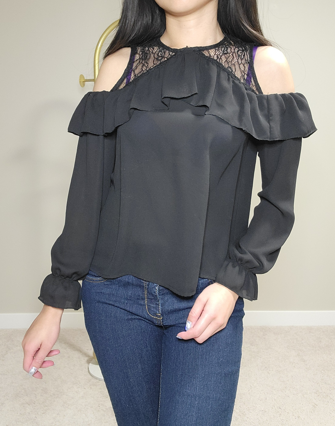 H&M Black Cold Shoulder Blouse with Lace Detail