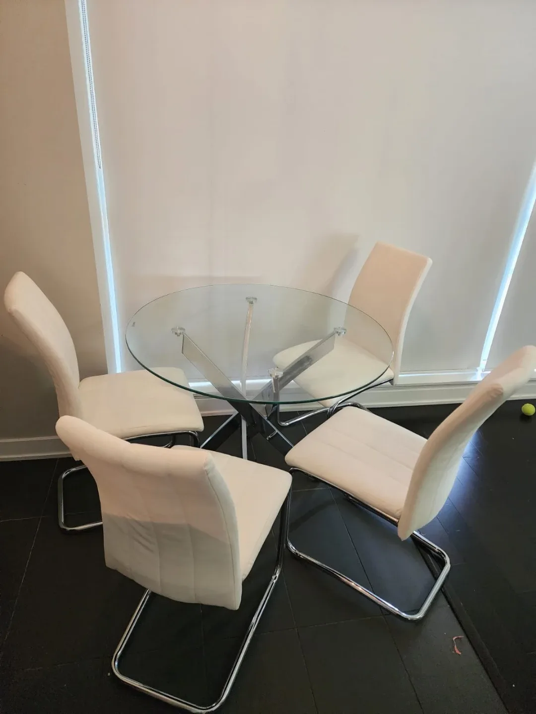 Glass Dining Table Set with Four White Chairs thumbnail