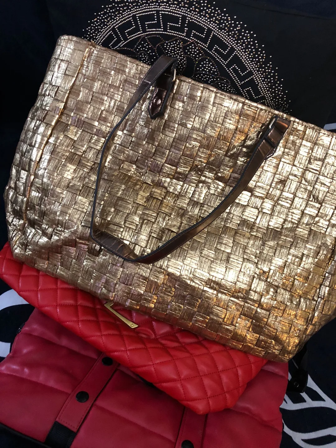 Gold Woven Tote Bag & Red Quilted Handbags thumbnail