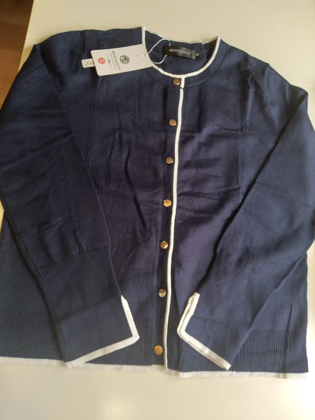 Navy Cardigan Sweater with White Trim thumbnail
