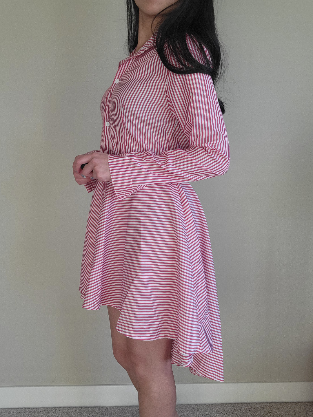 Red and White Striped High-Low Shirt Dress - photo 2