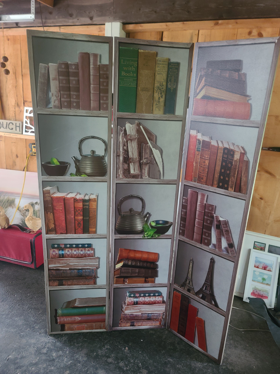 Three panel room divider, book and teapot design