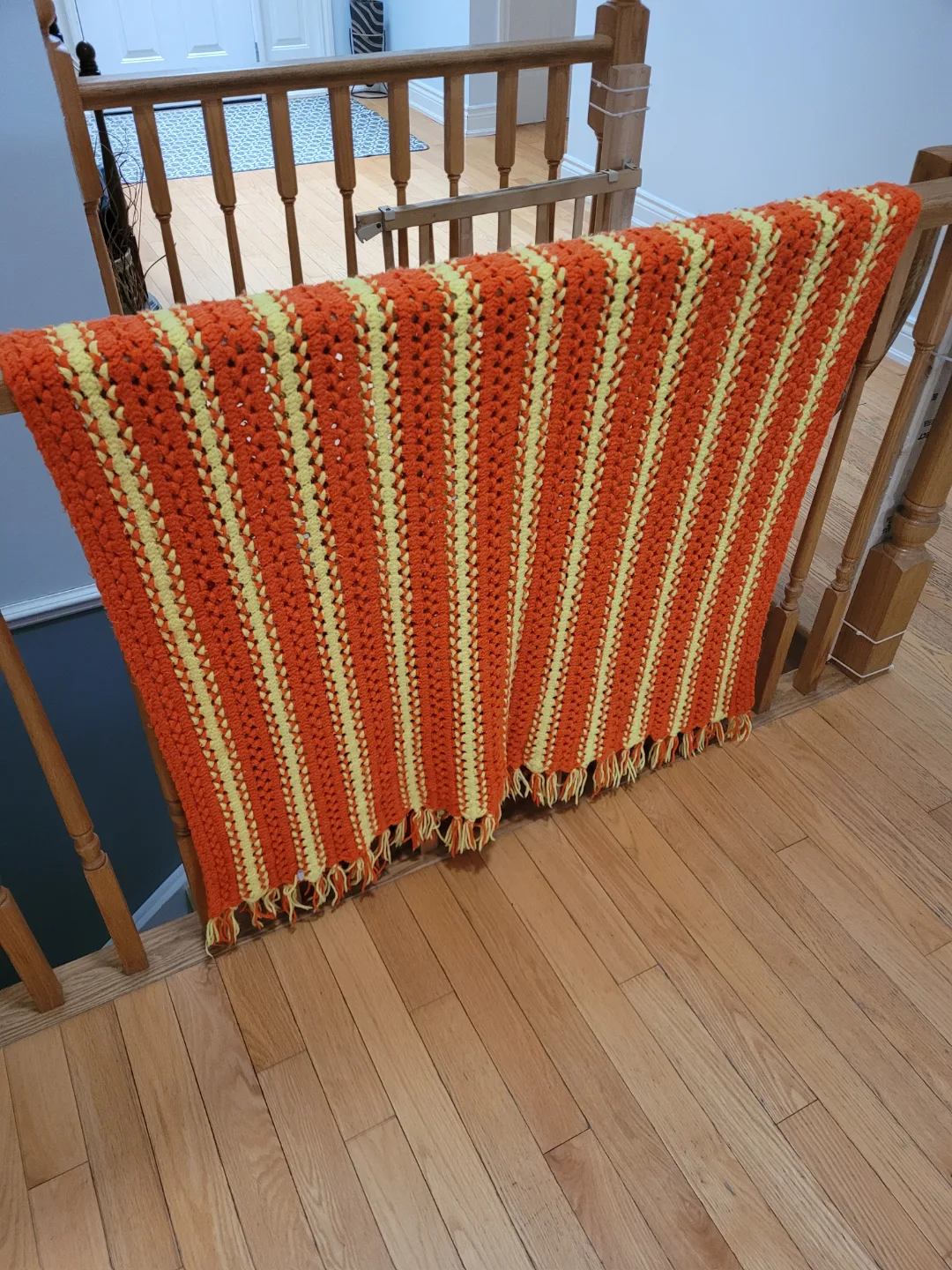 Vintage Orange and Yellow Striped Crochet Throw Blanket thumbnail